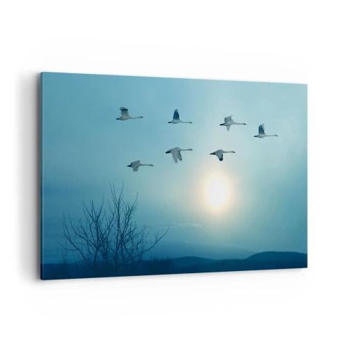 Cuadro sobre lienzo - Impresión de Imagen - Cisnes volando por la mañana - 120x80cm - Adiós al verano por un año - Decoración de pared moderna para salón y dormitorio ARTTOR