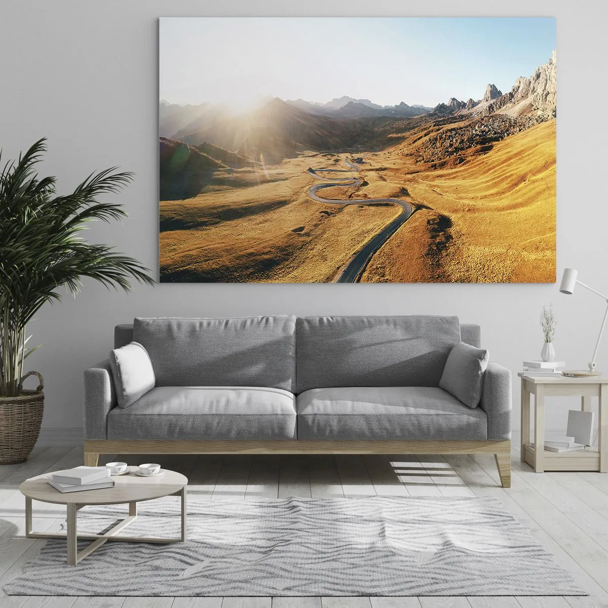 Cuadro sobre vidrio - Impresiones sobre Vidrio - Un camino sinuoso en un valle dorado iluminado por el sol. - 100x70cm - En un valle dorado - Decoración de pared moderna para salón y dormitorio ARTTOR