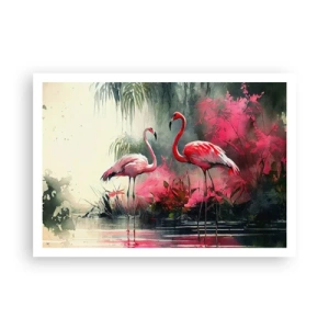 Póster - Flamencos junto al agua rodeados de vegetación. - 100x70cm - Una lección de encanto natural - Decoración de pared moderna para salón y dormitorio ARTTOR
