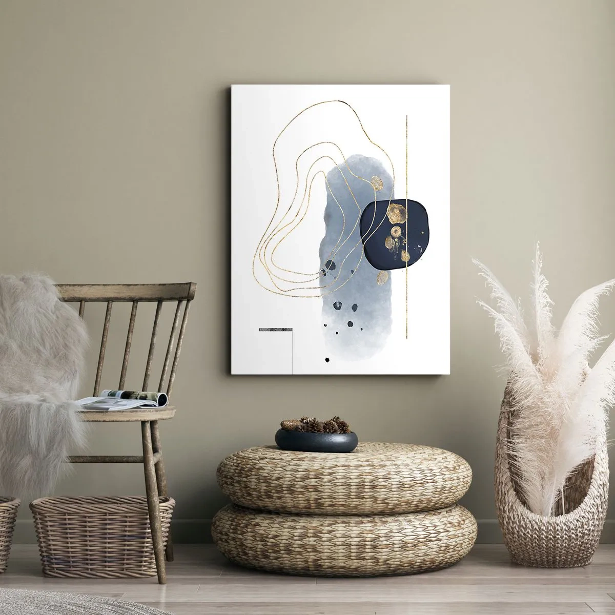 Cuadro sobre lienzo - Impresión de Imagen - Abstracción en tonos azules y dorados. - 80x120cm - Fantasía azul y oro - Decoración de pared moderna para salón y dormitorio ARTTOR