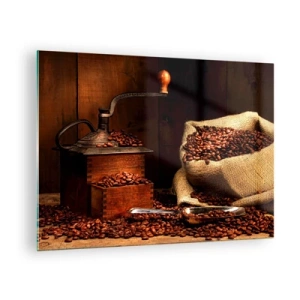 Cuadro sobre vidrio - Impresiones sobre Vidrio - Un viejo molinillo de café con granos y una bolsa de café. - 70x50cm - Bodegón con granos de café y molinillo - Decoración de pared moderna para salón y dormitorio ARTTOR
