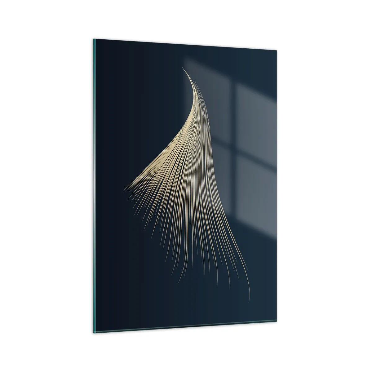 Cuadro sobre vidrio - Impresiones sobre Vidrio - Una línea dorada que se asemeja a un ala sobre un fondo azul marino. - 50x70cm - Como el cabello de un ángel - Decoración de pared moderna para salón y dormitorio ARTTOR