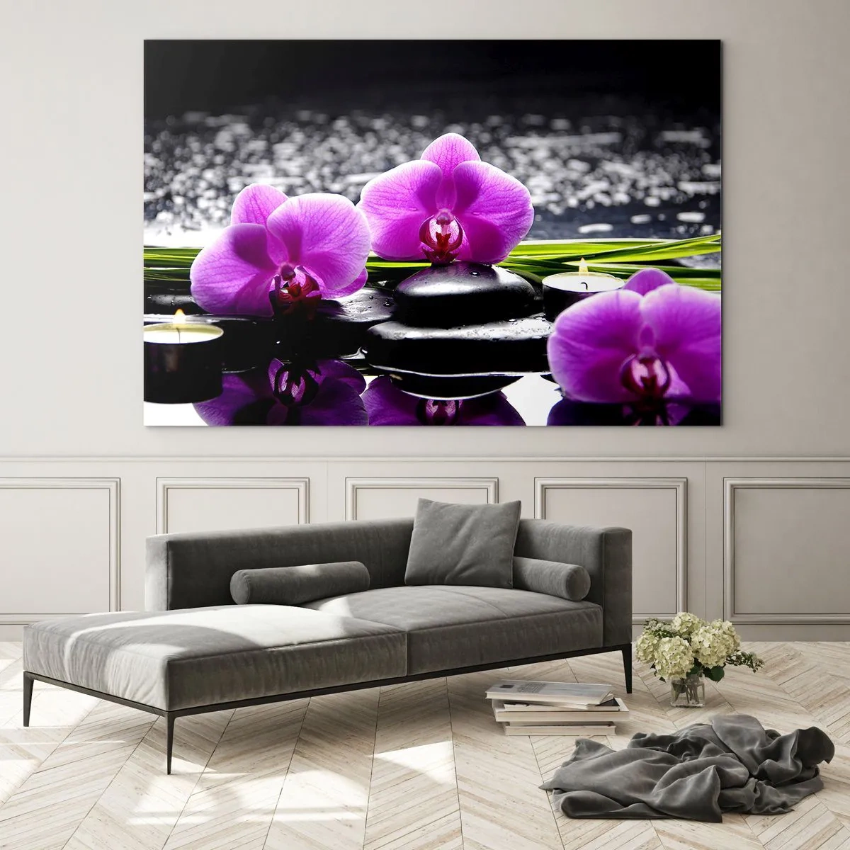 Cuadro sobre vidrio - Impresiones sobre Vidrio - Orquídeas moradas con piedras y velas sobre un fondo de agua. - 70x50cm - Ahogarse en la paz y la tranquilidad - Decoración de pared moderna para salón y dormitorio ARTTOR