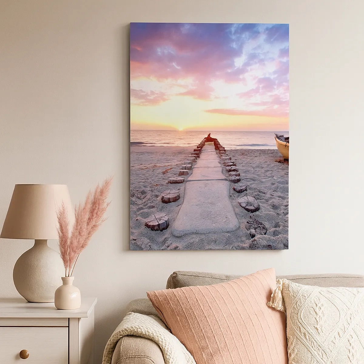 Cuadro sobre lienzo - Impresión de Imagen - Playa al amanecer con barco y muelle - 50x70cm - Un momento de profunda experiencia - Decoración de pared moderna para salón y dormitorio ARTTOR