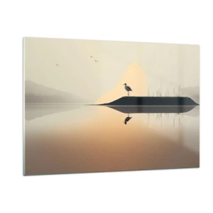 Cuadro sobre vidrio - Impresiones sobre Vidrio - Una garza parada en una isla en las tranquilas aguas de un lago. - 120x80cm - Un caballero en el lago - Decoración de pared moderna para salón y dormitorio ARTTOR