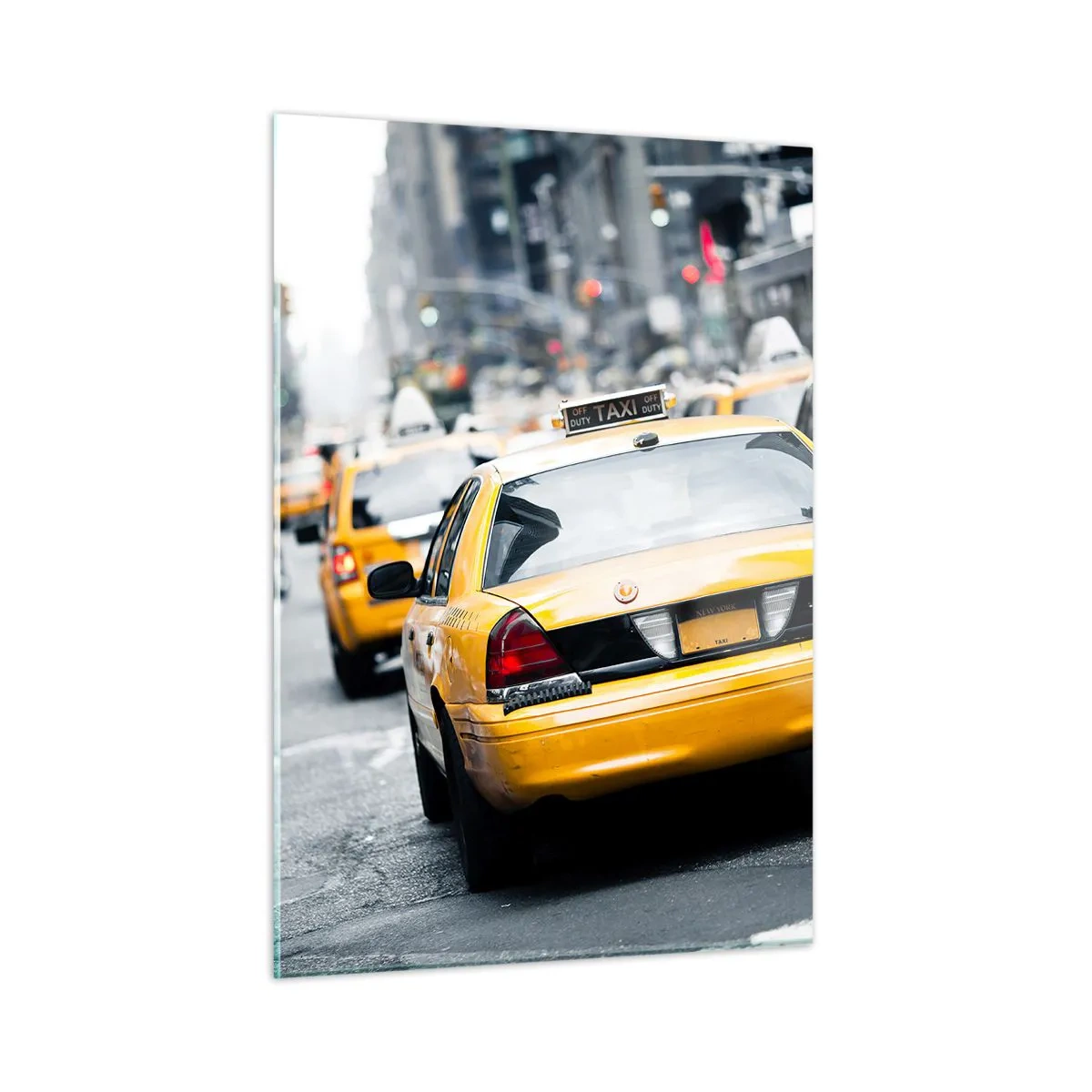 Cuadro sobre vidrio - Impresiones sobre Vidrio - Taxis amarillos en las calles de Nueva York en el bullicio de la ciudad. - 50x70cm - Solo en esta ciudad - Decoración de pared moderna para salón y dormitorio ARTTOR