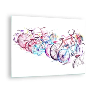 Cuadro sobre vidrio - Impresiones sobre Vidrio - Bicicletas coloridas en estilo acuarela - 70x50cm - Reunión de ciclistas - Decoración de pared moderna para salón y dormitorio ARTTOR