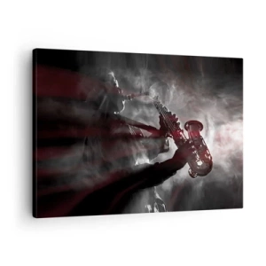 Cuadro sobre lienzo - Impresión de Imagen - Saxofonista en humo en el escenario en negro y rojo atmosférico - 70x50cm - En el vapor del jazz - Decoración de pared moderna para salón y dormitorio ARTTOR