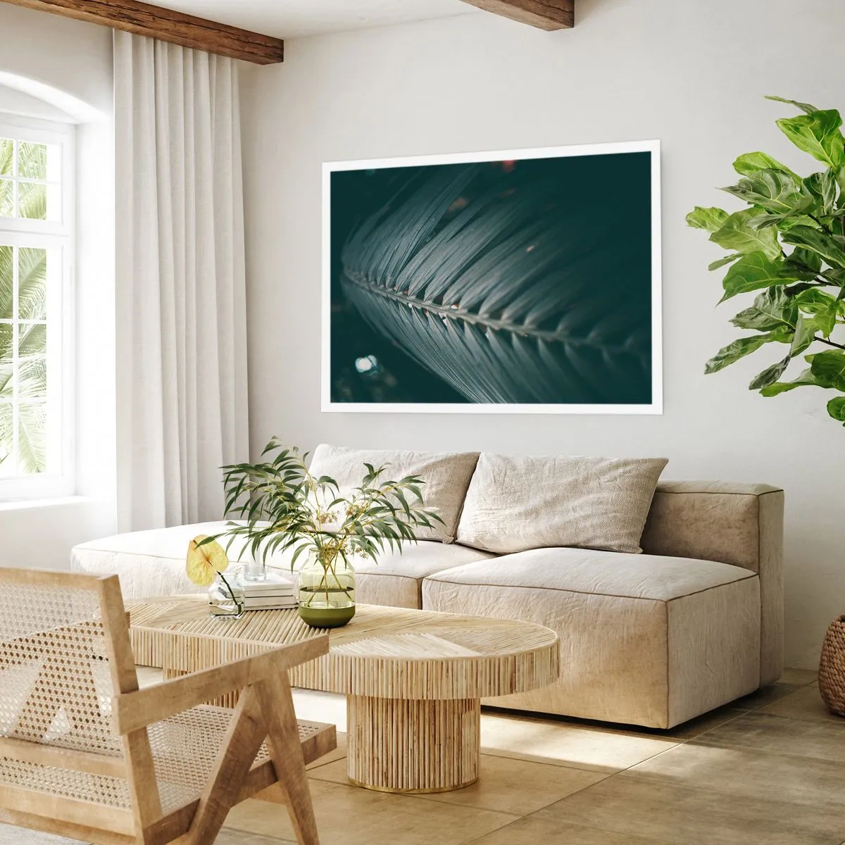 Póster - Primer plano de un detalle de hoja de palma en tonos oscuros - 100x70cm - La precisión de la naturaleza - Decoración de pared moderna para salón y dormitorio ARTTOR