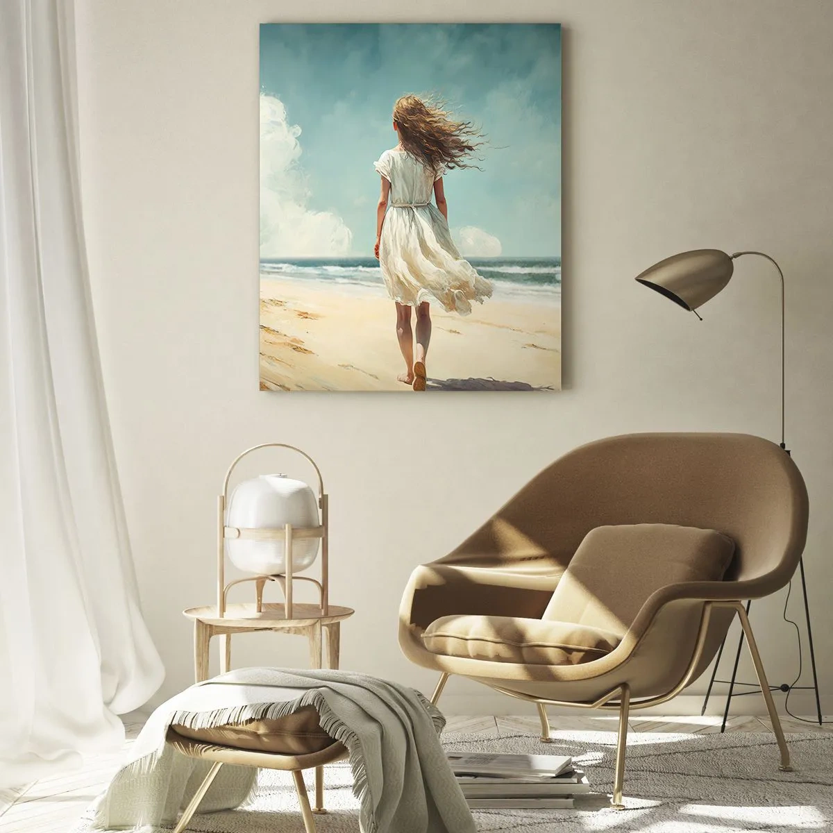 Cuadro sobre vidrio - Impresiones sobre Vidrio - Una mujer con un vestido blanco caminando descalza en una playa soleada. - 50x70cm - Al encuentro del sol y del viento - Decoración de pared moderna para salón y dormitorio ARTTOR