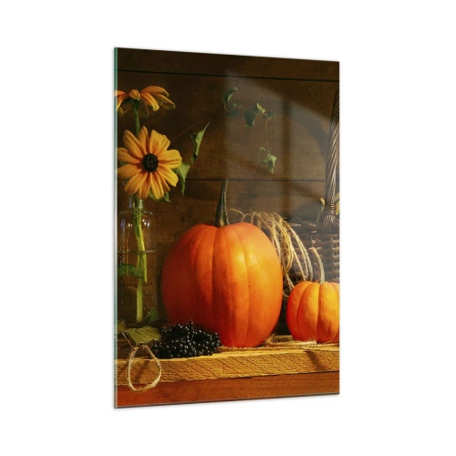 Cuadro sobre vidrio - Impresiones sobre Vidrio - Bodegón otoñal con calabazas y flores - 50x70cm - Composición rústica - regalos de otoño - Decoración de pared moderna para salón y dormitorio ARTTOR