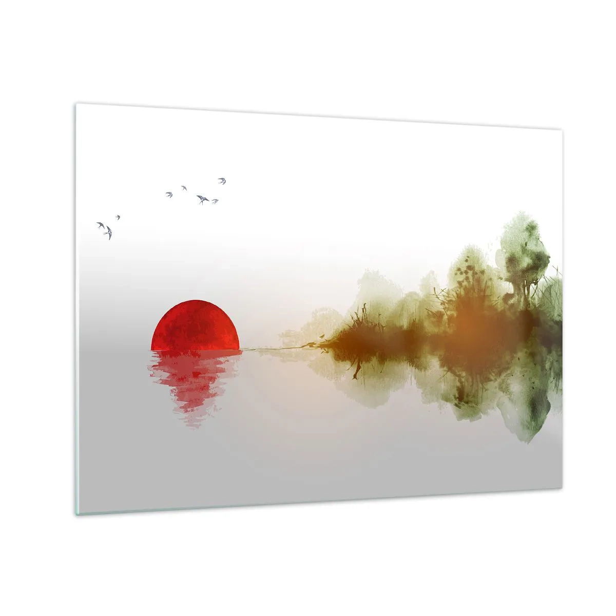 Cuadro sobre vidrio - Impresiones sobre Vidrio - Sol rojo sobre el agua y el contorno del bosque. - 70x50cm - Una promesa de paz - Decoración de pared moderna para salón y dormitorio ARTTOR