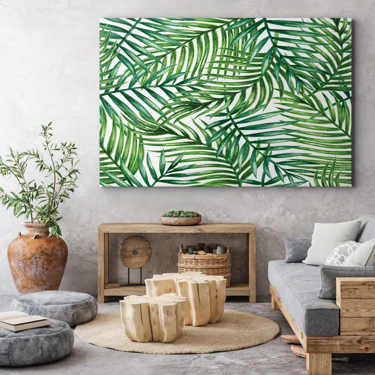 Cuadro sobre lienzo - Impresión de Imagen - Hojas de palmera tropical verde sobre un fondo claro - 70x50cm - Bajo el verde - Decoración de pared moderna para salón y dormitorio ARTTOR