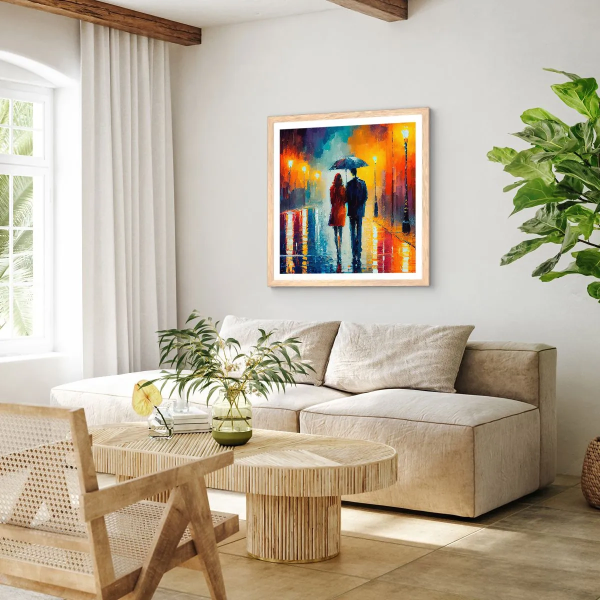 Póster en marco roble claro - Juntos en una noche llena de color - 40x40 cm