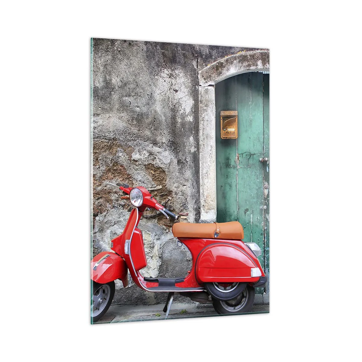 Cuadro sobre vidrio - Impresiones sobre Vidrio - Scooter rojo contra una puerta verde - 50x70cm - Vacaciones en Italia - Decoración de pared moderna para salón y dormitorio ARTTOR