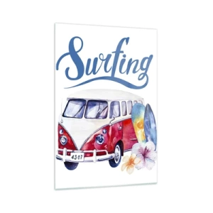 Cuadro sobre vidrio - Impresiones sobre Vidrio - Gráficos coloridos con un autobús y una temática de surf. - 70x100cm - Un clásico para los surfistas - Decoración de pared moderna para salón y dormitorio ARTTOR