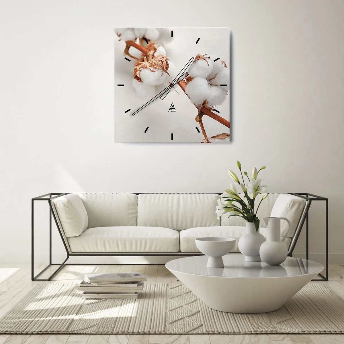 Reloj de pared - Reloj de vidrio - Una ramita de algodón sobre un fondo sutil. - 30x30cm - Un suave tacto - Decoración de pared moderna para salón y dormitorio ARTTOR