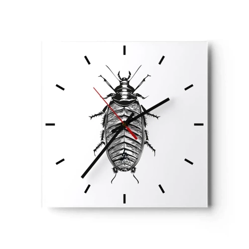 Reloj de pared - Reloj de vidrio - Gráfico de un insecto en blanco y negro sobre un fondo blanco. - 30x30cm - ¡Qué espécimen! - Decoración de pared moderna para salón y dormitorio ARTTOR