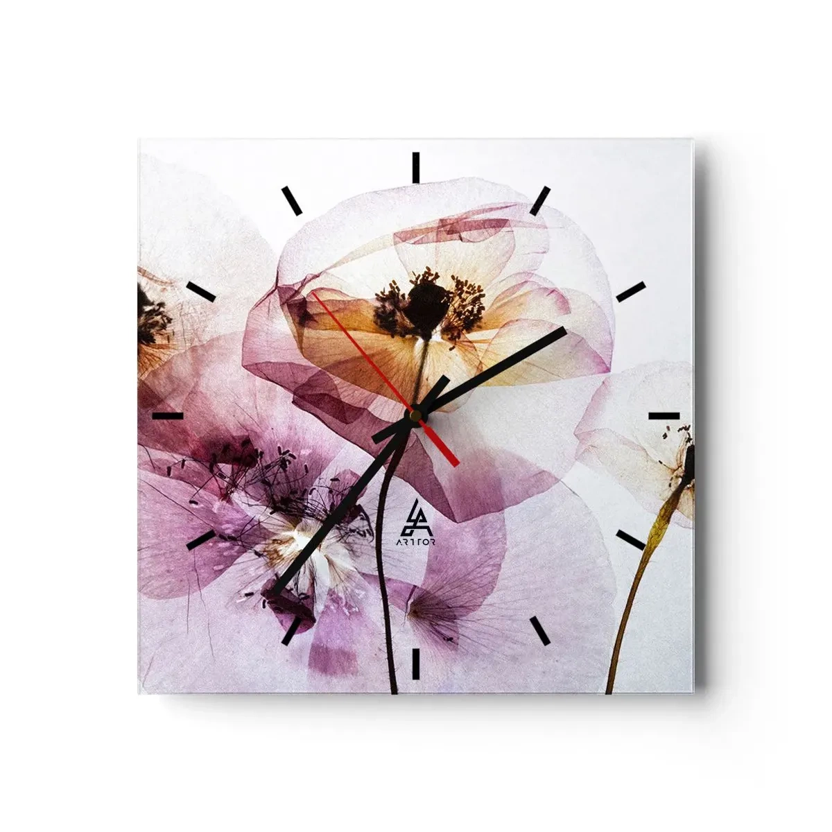 Reloj de pared - Reloj de vidrio - Delicadas flores transparentes en tonos pastel. - 30x30cm - Cuerpo de flor - Decoración de pared moderna para salón y dormitorio ARTTOR