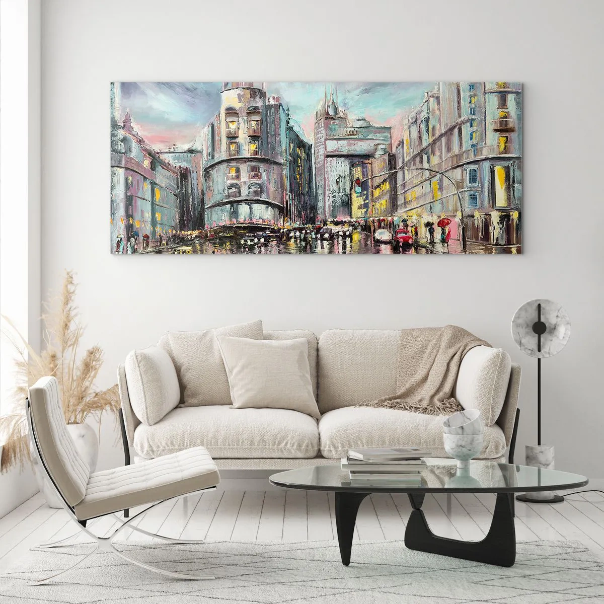 Cuadro sobre vidrio - Impresiones sobre Vidrio - Vista nocturna de la ciudad con reflejos en la calle mojada. - 160x50cm - Va a ser una buena noche - Decoración de pared moderna para salón y dormitorio ARTTOR