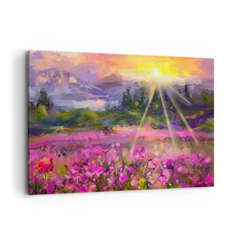 Cuadro sobre lienzo - Impresión de Imagen - Un prado pintoresco bajo los rayos del sol poniente. - 100x70cm - En un valle bajo la protección del sol - Decoración de pared moderna para salón y dormitorio ARTTOR