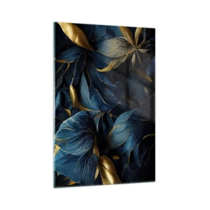 Cuadro sobre vidrio - Impresiones sobre Vidrio - Hojas elegantes en tonos dorados y azul marino. - 70x100cm - Forradas de oro - Decoración de pared moderna para salón y dormitorio ARTTOR