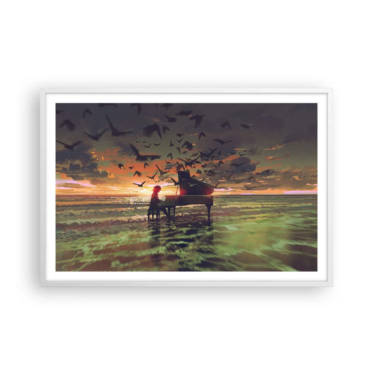 Póster en marco blanco - Concierto de piano y olas - 91x61 cm