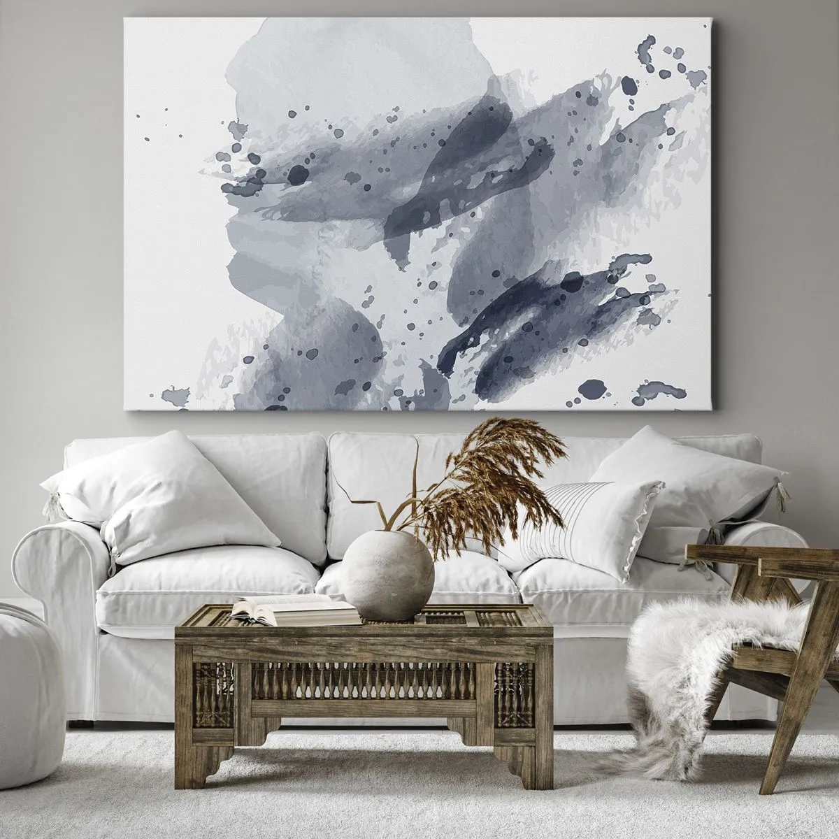 Cuadro sobre lienzo - Impresión de Imagen - Manchas abstractas en tonos azules sobre un fondo claro - 70x50cm - Un estudio sobre la naturaleza del agua - Decoración de pared moderna para salón y dormitorio ARTTOR