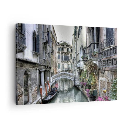 Cuadro sobre lienzo - Impresión de Imagen - Canal veneciano con góndola y puente de piedra - 70x50cm - Durante siglos, un sueño - Decoración de pared moderna para salón y dormitorio ARTTOR