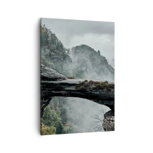 Cuadro sobre lienzo - Impresión de Imagen - Un arco de piedra rodeado de montañas brumosas y bosques. - 50x70cm - La aventura está a punto de comenzar - Decoración de pared moderna para salón y dormitorio ARTTOR