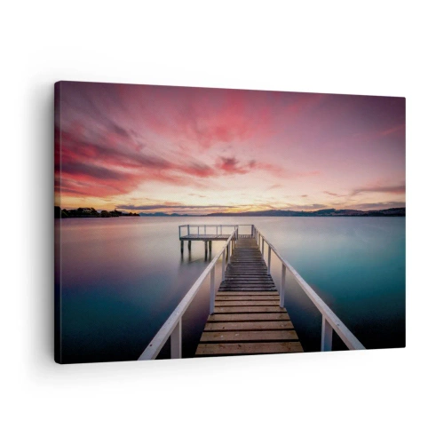 Cuadro sobre lienzo - Impresión de Imagen - Un embarcadero que conduce a un lago tranquilo al atardecer. - 70x50cm - La suave llama del atardecer - Decoración de pared moderna para salón y dormitorio ARTTOR