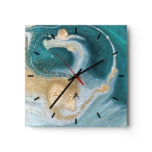 Reloj de pared - Reloj de vidrio - Un remolino de oro y turquesa - 40x40 cm