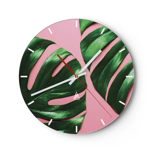 Reloj de pared - Reloj de vidrio - Hojas de monstera verde sobre un fondo rosa - 30x30cm - Cita con el verde - Decoración de pared moderna para salón, cocina y dormitorio ARTTOR