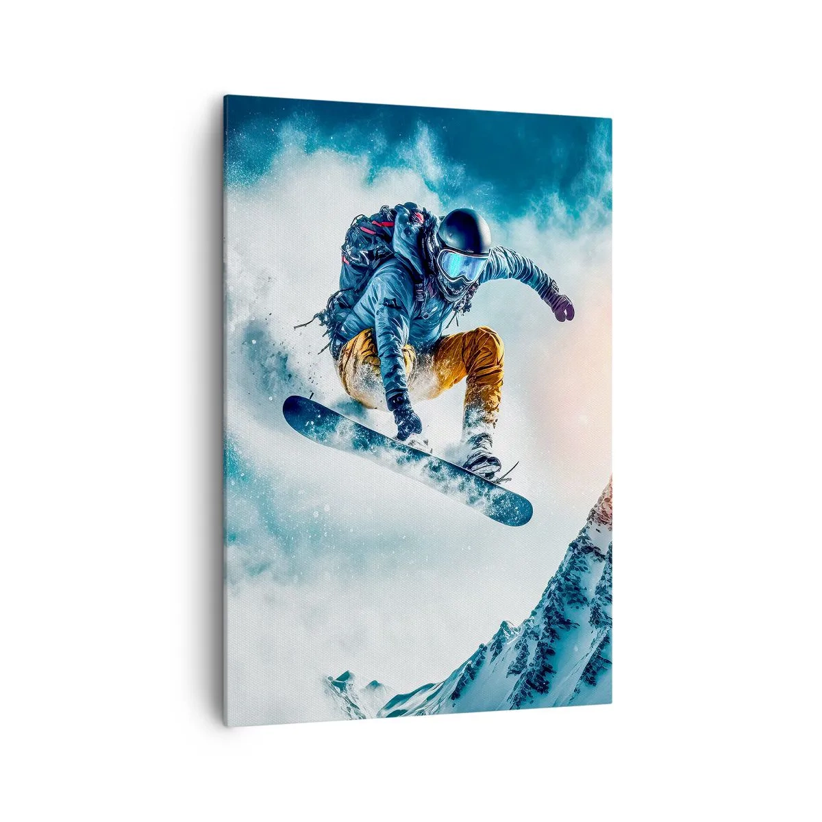 Cuadro sobre lienzo - Impresión de Imagen - Un snowboarder vuela sobre montañas nevadas. - 70x100cm - Emociones extremas - Decoración de pared moderna para salón y dormitorio ARTTOR