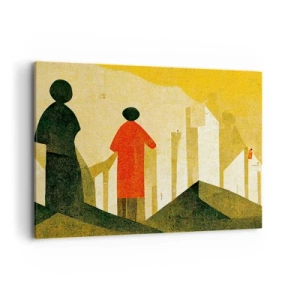 Cuadro sobre lienzo - Impresión de Imagen - Siluetas geométricas en rojo y verde sobre un fondo amarillo. - 100x70cm - Todavía lejos del destino - Decoración de pared moderna para salón y dormitorio ARTTOR