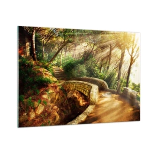 Cuadro sobre vidrio - Impresiones sobre Vidrio - Los rayos del sol iluminan el puente y el sendero del bosque. - 100x70cm - Directamente desde el puente hacia el bosque de las hadas - Decoración de pared moderna para salón y dormitorio ARTTOR