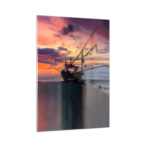 Cuadro sobre vidrio - Impresiones sobre Vidrio - Barcos de pesca en el mar al atardecer - 50x70cm - Una noche exótica - Decoración de pared moderna para salón y dormitorio ARTTOR