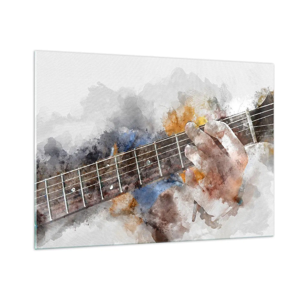 Cuadro sobre vidrio - Impresiones sobre Vidrio - Motivo de acuarela de una mano tocando una guitarra. - 100x70cm - Poesía entre las cuerdas - Decoración de pared moderna para salón y dormitorio ARTTOR