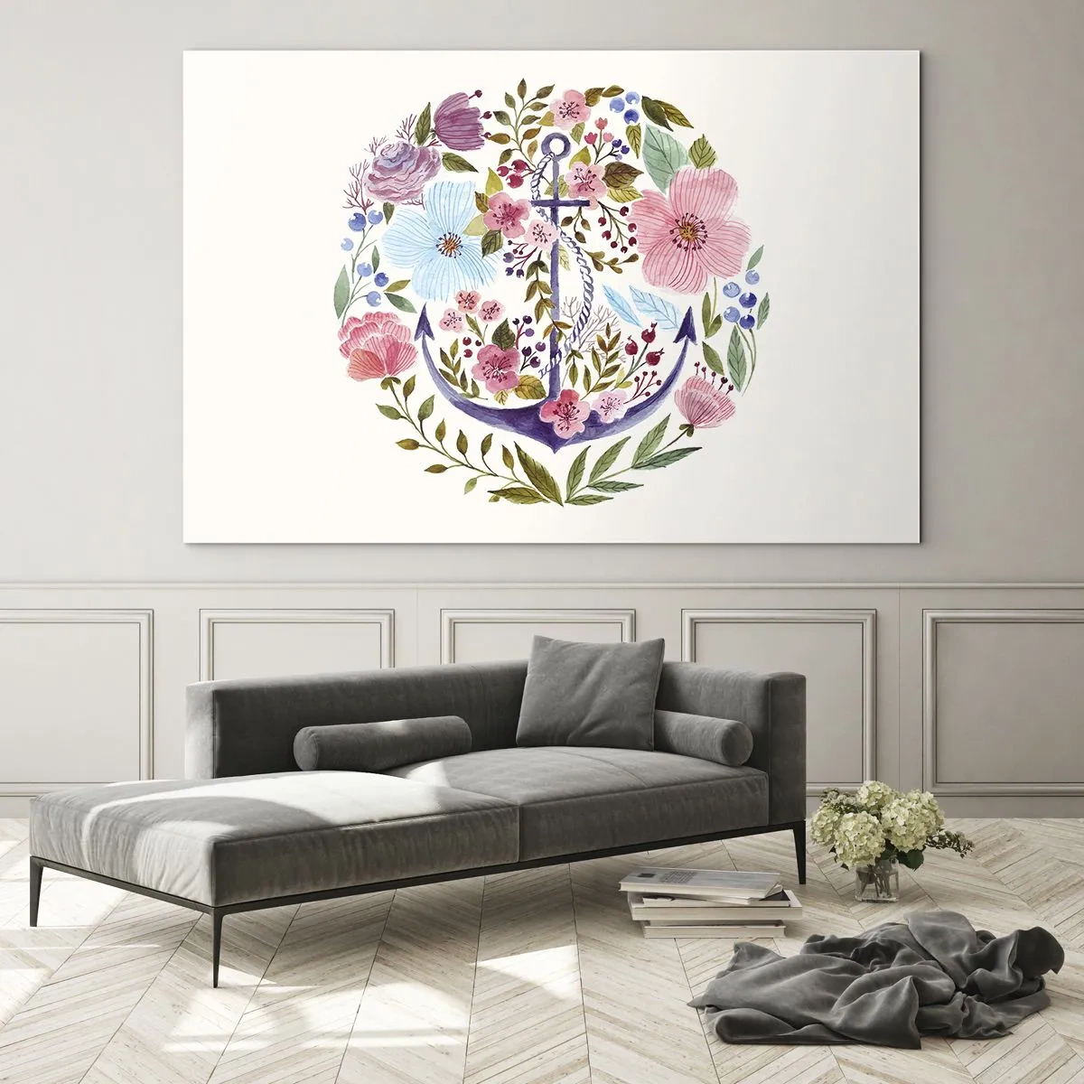 Cuadro sobre vidrio - Impresiones sobre Vidrio - Un ancla rodeada de coloridas flores de acuarela. - 120x80cm - El sueño reparador de un marinero - Decoración de pared moderna para salón y dormitorio ARTTOR