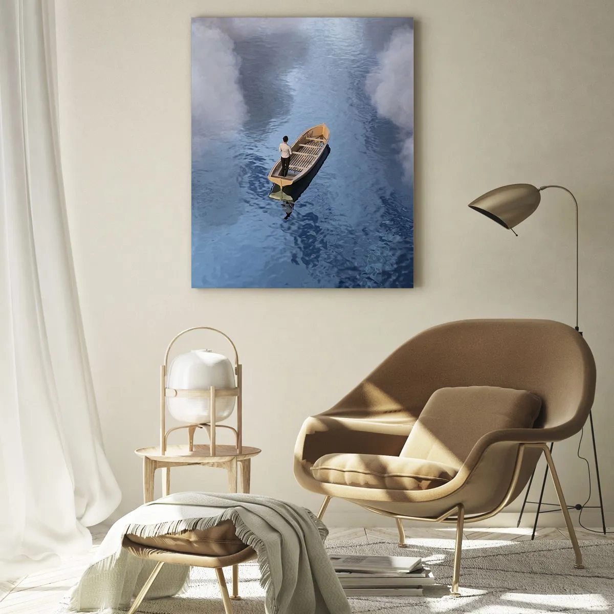 Cuadro sobre vidrio - Impresiones sobre Vidrio - Un hombre en un barco navegando por el agua entre las nubes. - 50x70cm - La vida - el viaje - lo desconocido - Decoración de pared moderna para salón y dormitorio ARTTOR