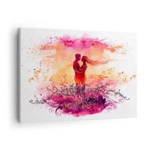Cuadro sobre lienzo - Impresión de Imagen - Una pareja abrazándose sobre un patrón abstracto rosa y naranja. - 70x50cm - ¡Un solo corazón! Necesito tan poco para ser feliz… - Decoración de pared moderna para salón y dormitorio ARTTOR