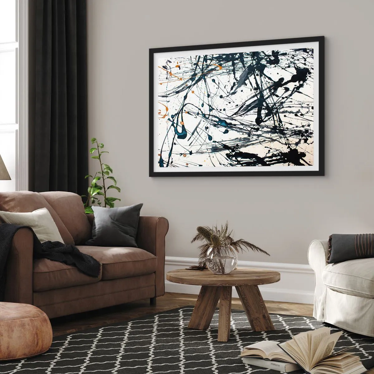 Póster en marco negro - Una pintura abstracta con salpicaduras de pintura en patrones dinámicos. - 70x50cm - Abstracción expresionista - Decoración de pared moderna para salón y dormitorio ARTTOR