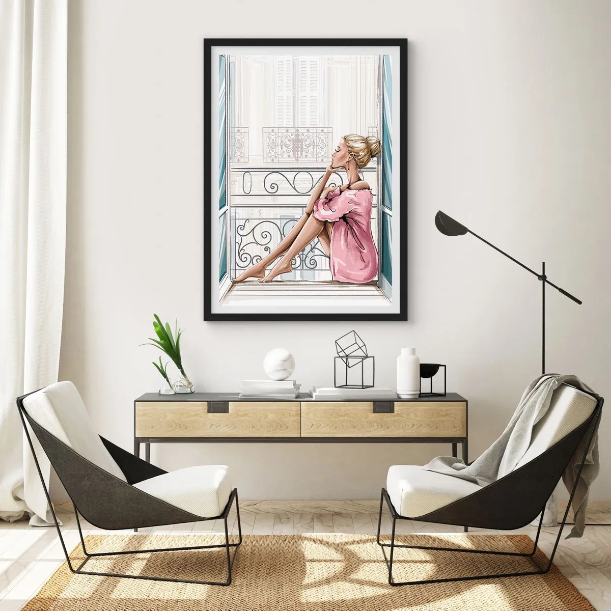 Póster en marco negro - Una mujer con una bata rosa sentada en un balcón. - 50x70cm - Una mañana parisina - Decoración de pared moderna para salón y dormitorio ARTTOR