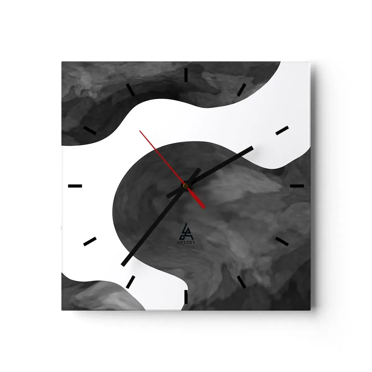 Reloj de pared - Reloj de vidrio - Patrón abstracto en tonos de gris y blanco. - 30x30cm - El blanco fluye sobre el negro - Decoración de pared moderna para salón y dormitorio ARTTOR