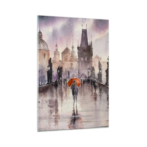 Cuadro sobre vidrio - Impresiones sobre Vidrio - Vista romántica de un puente con un paraguas con el telón de fondo de una ciudad al atardecer. - 70x100cm - La gente no cambia - Decoración de pared moderna para salón y dormitorio ARTTOR