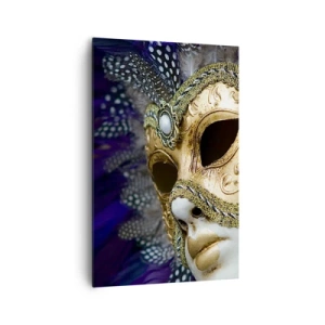 Cuadro sobre lienzo - Impresión de Imagen - Máscara veneciana dorada con plumas decorativas y adornos. - 80x120cm - Retrato veneciano en oro - Decoración de pared moderna para salón y dormitorio ARTTOR