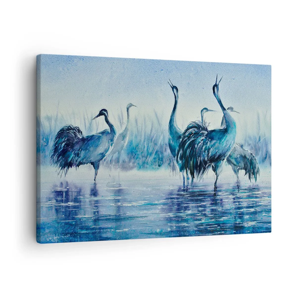 Cuadro sobre lienzo - Impresión de Imagen - Grúas sobre un fondo de niebla y agua en tonos azules. - 70x50cm - Reunión matinal - Decoración de pared moderna para salón y dormitorio ARTTOR