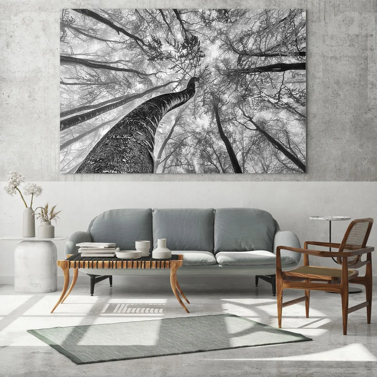 Cuadro sobre vidrio - Impresiones sobre Vidrio - Árboles en blanco y negro fotografiados desde abajo hacia el cielo. - 70x50cm - Carrera hacia la luz - Decoración de pared moderna para salón y dormitorio ARTTOR