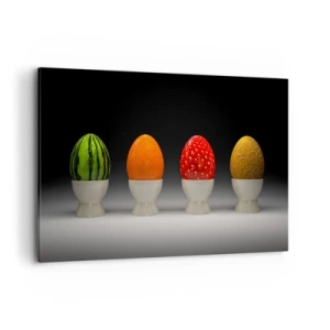 Cuadro sobre lienzo - Impresión de Imagen - Huevos coloridos que se asemejan a frutas sobre un fondo oscuro. - 120x80cm - Desayuno de frutas - Decoración de pared moderna para salón y dormitorio ARTTOR
