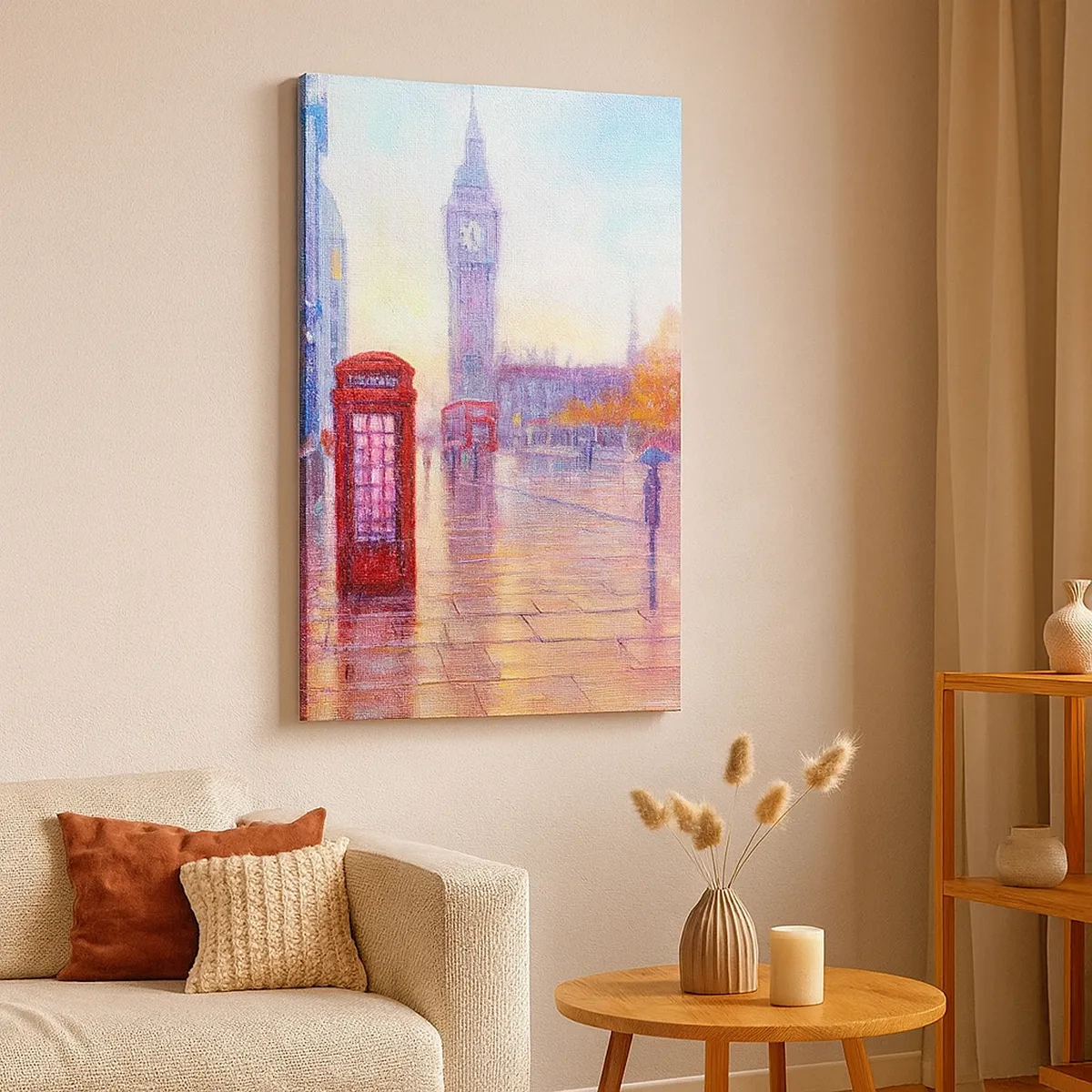 Cuadro sobre lienzo - Impresión de Imagen - Calle de Londres con el Big Ben en un día lluvioso - 50x70cm - Un día de otoño en Londres - Decoración de pared moderna para salón y dormitorio ARTTOR